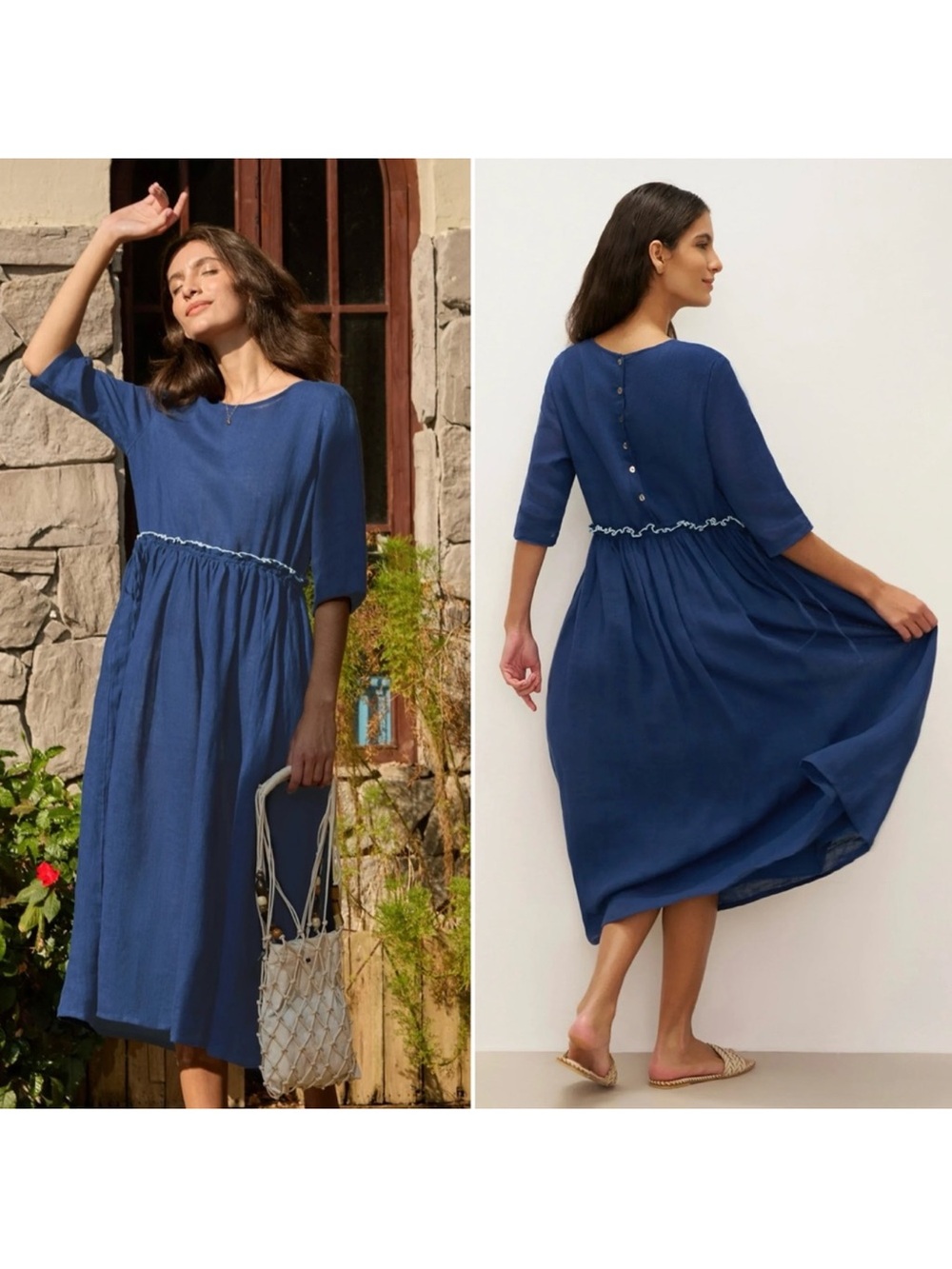 NWT LINTICO 100% Linen Midi Dress Drawstring Waist Round Neck Ruffle Blue US M